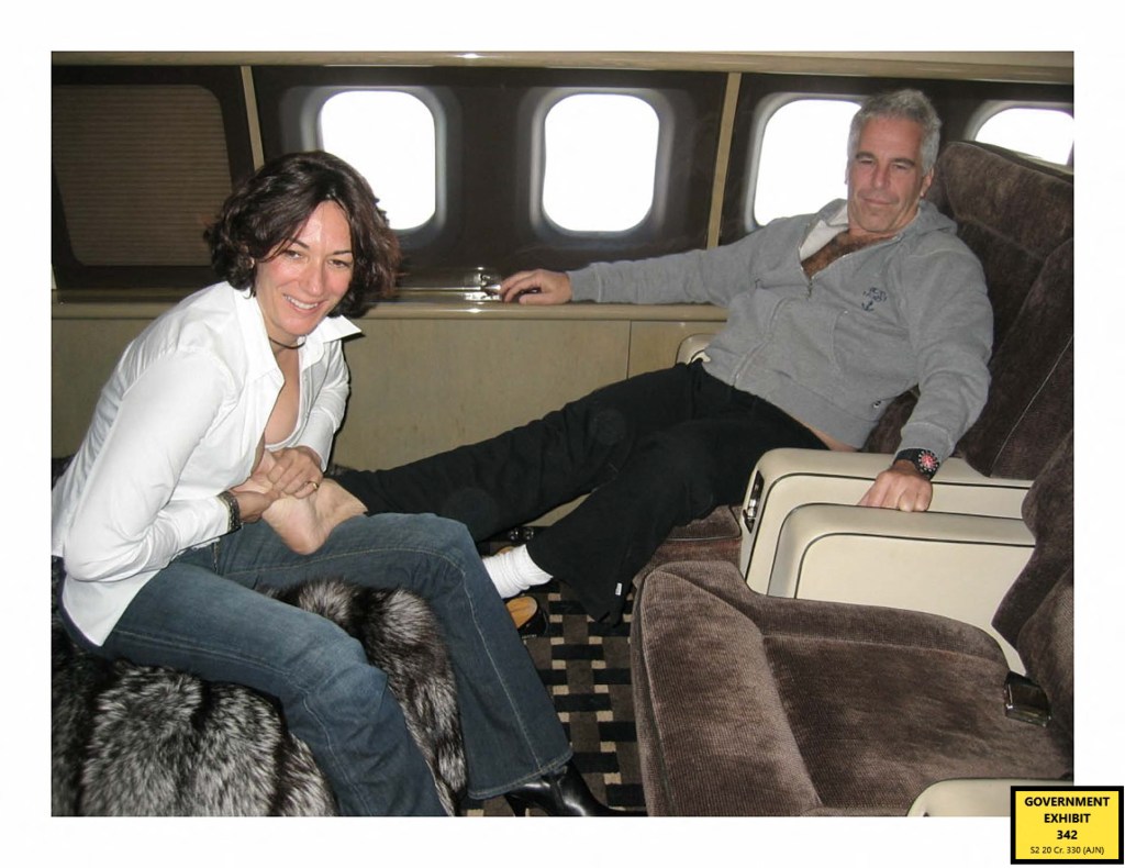 Trial evidence photo of Ghislaine Maxwell and Jeffrey Epstein on a private jet.