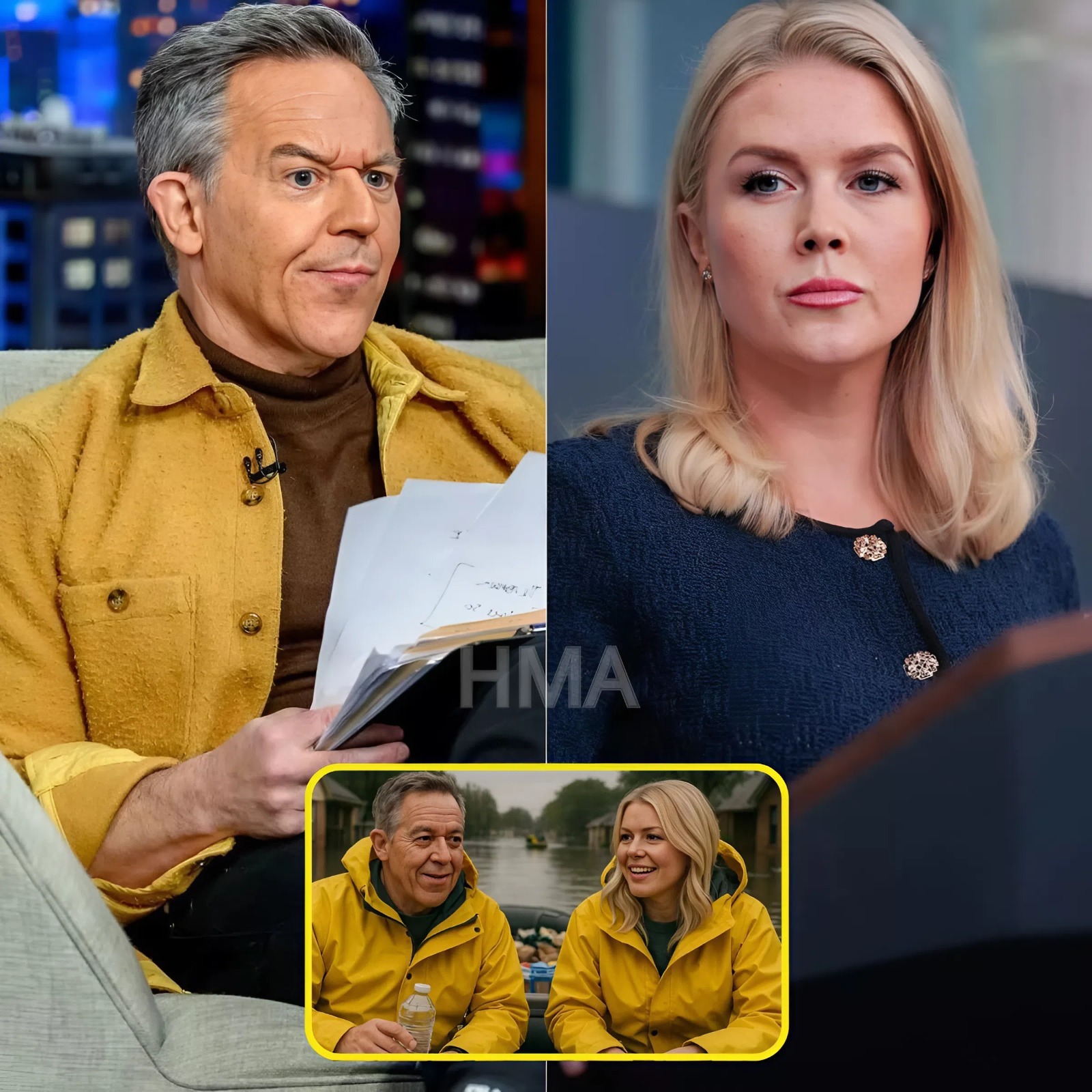 Greg Gutfeld leaned against a truck loaded with relief supplies, eyeing Karoline Leavitt.SH
